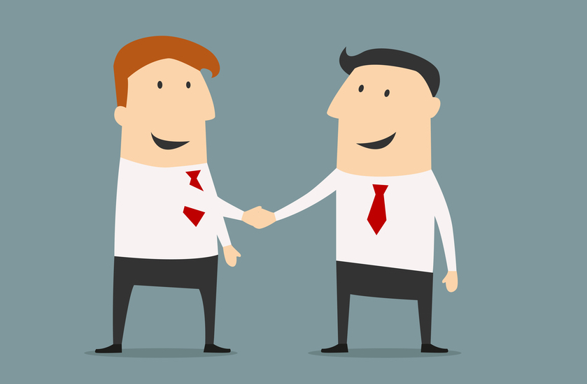 Cartoon businessman shaking hands congratulating each other with successful deal in flat style for business partnership concept design