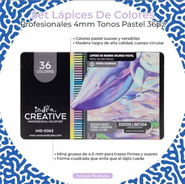 HM26H-200 - SET DE 36 COLORES PASTEL PROFESIONALES x "INDRA CREATIVE" (1 SET)