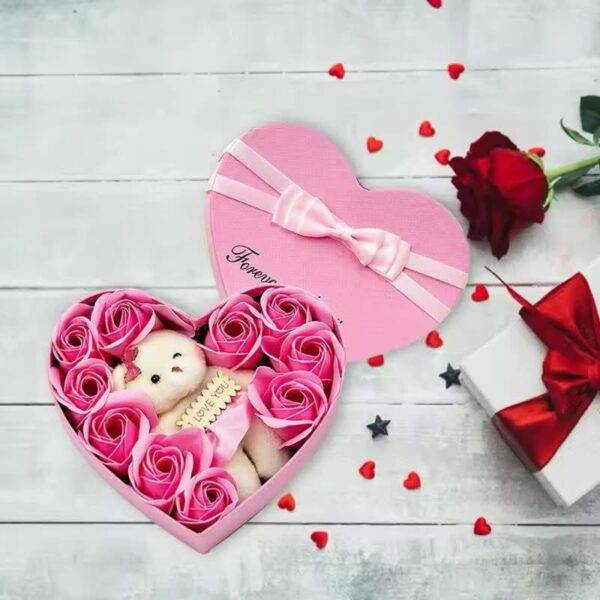 7637 - 🐻🌸CAJA METALICA EN FORMA 𝐂𝐎𝐑𝐀𝐙𝐎𝐍 𝐂𝐎𝐍 𝐎𝐒𝐎 𝐘 9 𝐑𝐎𝐒𝐀𝐒🌸🐻(1 PZA)