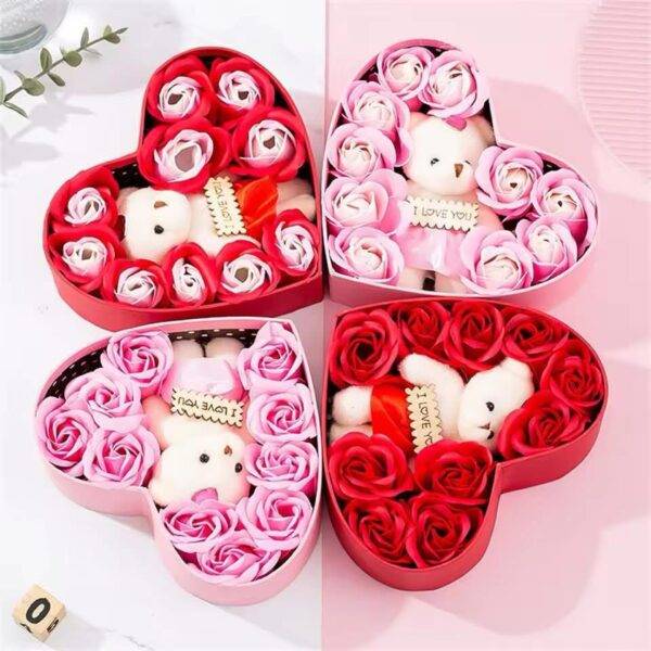 7637 - 🐻🌸CAJA METALICA EN FORMA 𝐂𝐎𝐑𝐀𝐙𝐎𝐍 𝐂𝐎𝐍 𝐎𝐒𝐎 𝐘 9 𝐑𝐎𝐒𝐀𝐒🌸🐻(1 PZA)