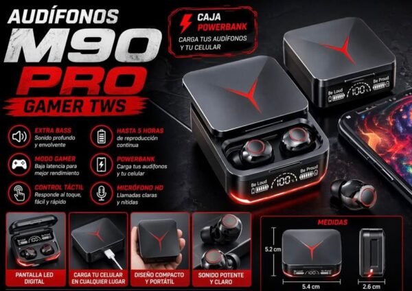 8690 - AUDIFONOS CON ESTUCHE DE CARGA "M90 PRO" (1 PZA)