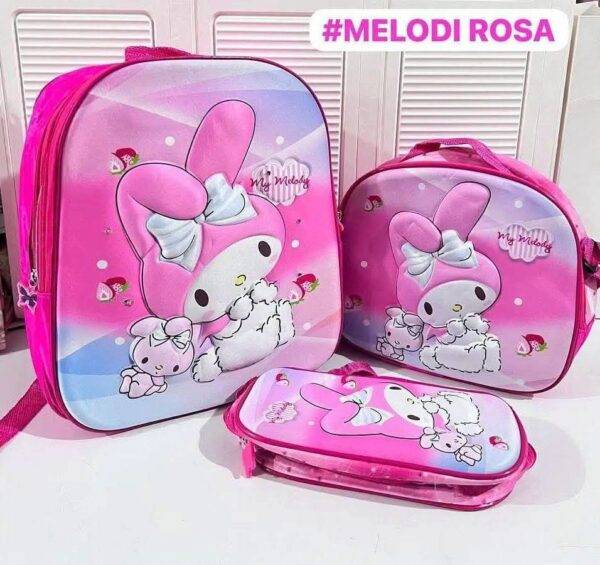 MT-6328- TRIO ESCOLAR DE MOCHILA PARA KINDER CON LUZ LED Y COMPARTIMIENTO PARA CARRITO x "PERSONAJES". (1 TRIO)