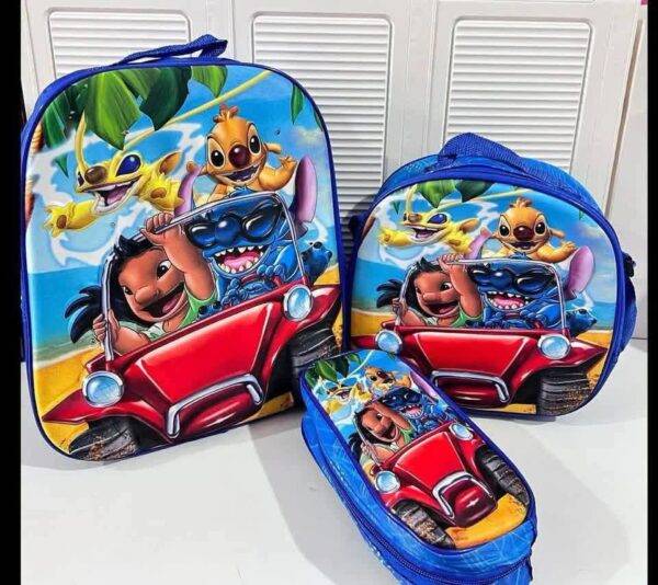MT-6328- TRIO ESCOLAR DE MOCHILA PARA KINDER CON LUZ LED Y COMPARTIMIENTO PARA CARRITO x "PERSONAJES". (1 TRIO)