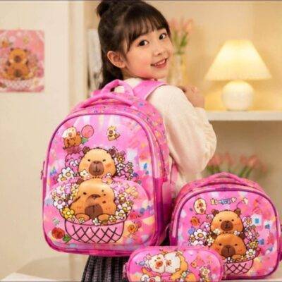 31625 - TRIO ESCOLAR DE MOCHILA PARA PRIMARIA CON LUZ LED y COMPARTIMENTO PARA CARRITO x "CAPIBARA" (1 TRIO)