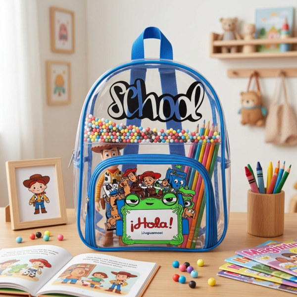S900- MOCHILA TRANSPARENTE PARA KINDER x "PERSONAJES". (1 PZA)
