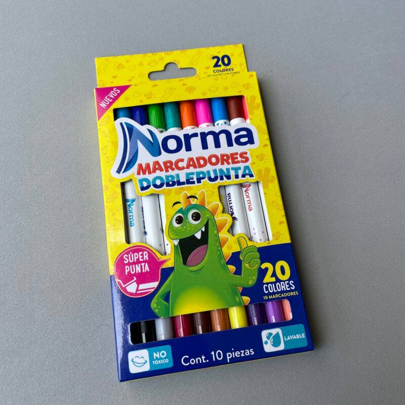 HM26J-201 – PAQUETE DE 10 MARCADORES «NORMA» DOBLE PUNTA CON 20 COLORES POR TERCIA. (3 PZS)