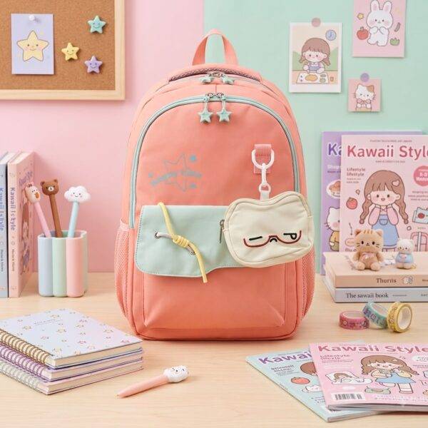 10906 - MOCHILA KAWAII x "HAPPY TIME" CON MONEDERO "GATITO" (1 PZA)