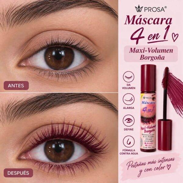 15152 - MASCARA "MAXI VOLUMEN SILICON" "BORGOÑA" x "PROSA" TAPA ROJA (1 PZA)