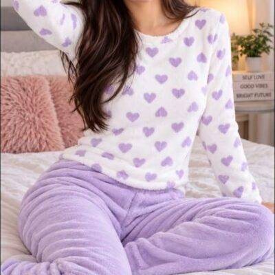 FB_IMG_1792263327478 DM12161A - TERCIA DE PIJAMA "POLAR" DE CORAZONES PARA DAMA. (3 PZAS)