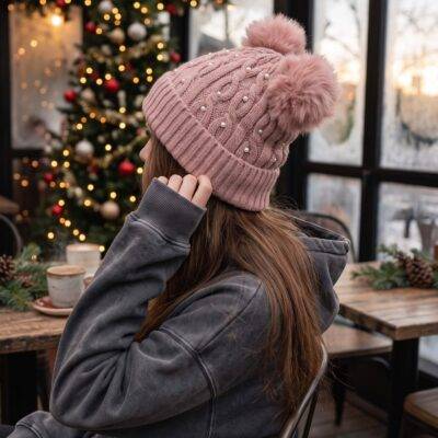 M1 - TERCIA DE GORRO TEJIDO CON POMPONES Y PERLAS (3 PZAS)