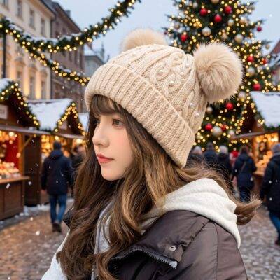 M1 - GORRO TEJIDO CON POMPONES Y PERLAS (1 PZA)