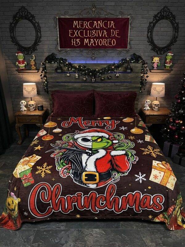 JGM - FRAZADA NAVIDEÑA MATRIMONIAL 2M X 1.80 x "GRINCH y JACK" (1 PZA)